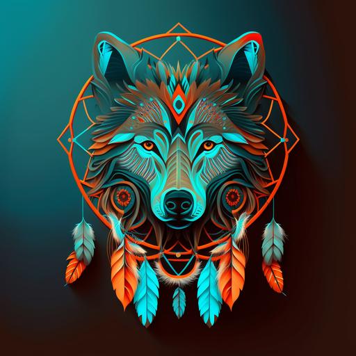 symmetrical design Artistic paper cut wolf head and dreamcatcher .Beautiful vector art design. Design in illustrator, curved vector polygons, 16 themed colors, award-winning 2D design, flat design, super-detailed, visionary strokes, 8k premium export, glibatree style.signature::