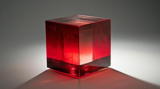 symmetrical red glass cube with central light, light grey background, low angle --ar 16:9