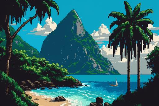 St. Lucia, Sugar Beach landscape, Piton mountains in the background, 13°48′36″N 61°3′56″W, sublime, one piece pixel art --ar 3:2 --v 4