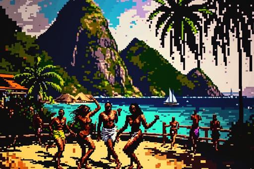 St. Lucia, Sugar Beach landscape, black people dancing at base of Piton mountains, close up on base of mountains, 13°48′36″N 61°3′56″W, one piece pixel art --ar 3:2 --v 4