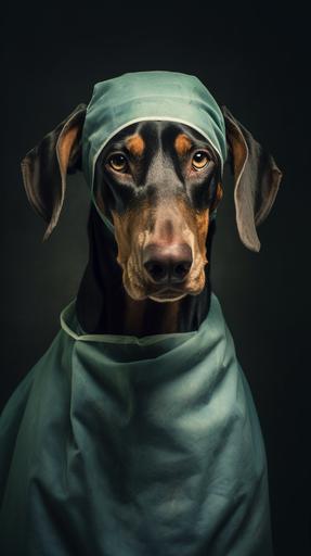 photorealistic portrait of dog, doberman, dressed in a surgeon outfit, courageous, gritty drama, inspirational, studio lighting --ar 9:16 --v 5.1 --s 750