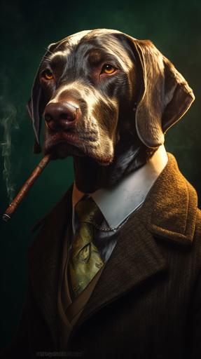 ultra sharp portrait of photorealistic dog, German Shorthaired Pointer, dressed in a lawyer outfit, smoking a vape pen, cool and calm, motivational, dynamic lighting --ar 9:16 --v 5.1 --s 750