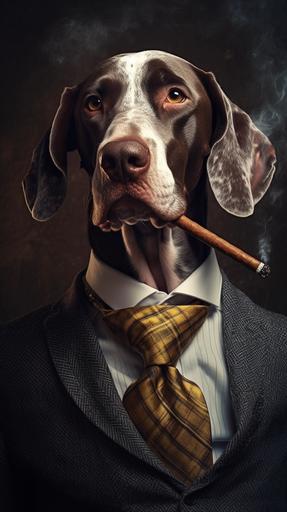 ultra sharp portrait of photorealistic dog, German Shorthaired Pointer, dressed in a lawyer outfit, smoking a vape pen, cool and calm, motivational, dynamic lighting --ar 9:16 --v 5.1 --s 750