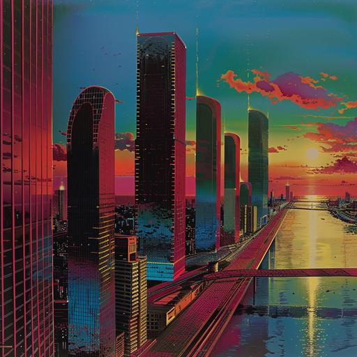 synthwave ambrotype, Hiroshi Nagai art, Cityscape, Aesthetic colors --v 6.0