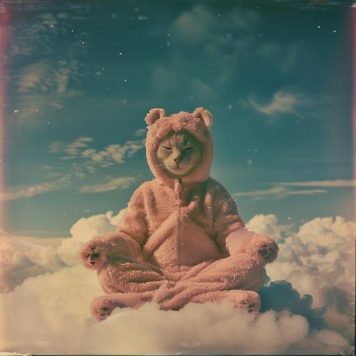 synthwave ambrotype cat in a teddy bear costume sitting in a yoga pose floating on a cloud viewed from orbit --v 6.0