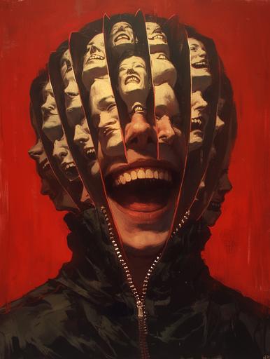 synthwave ambrotype of a large head full of other heads, zipper slash mouth grin, human being as a mystic prison for too happy faces , many souls trapped in one head , surreal portrait illustration , magical curses. Art by mierAI --ar 3:4 --style raw --stylize 1000 --niji 6