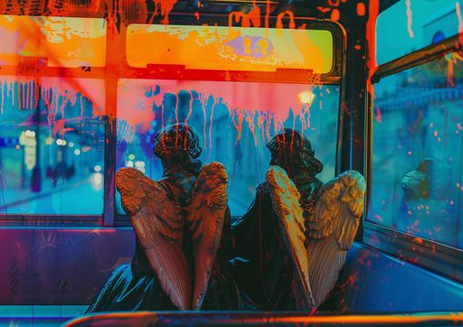 synthwave ambrotype of two angels riding a bus in italy vibrant colors, dripping paint--v 6.0 --ar 7:5
