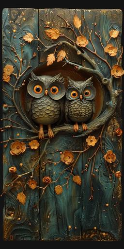 synthwave ambrotype representation of Whimsical magic patterns owl Family Portrait art, happy, laughing, desertpunk, in the style of Andy Kehoe and Ruth Thompson, cartoon, stylized, Pixar, Picasso, intricate detail --chaos 10 --ar 1:2 --stylize 500 --v 6.0