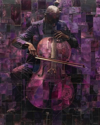 synthwave ambrotype representation of the Cello Player, painting by ana sadovnikova, in the style of cubist multifaceted angles, dark blurple and indigo, figuration libre, synchromism, machine-like precision, analytical art, underground artist --chaos 9 --ar 4:5 --stylize 500 --v 6.0