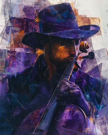 synthwave ambrotype representation of the Cello Player, painting by ana sadovnikova, in the style of cubist multifaceted angles, dark blurple and indigo, figuration libre, synchromism, machine-like precision, analytical art, underground artist --chaos 9 --ar 4:5 --stylize 500 --v 6.0