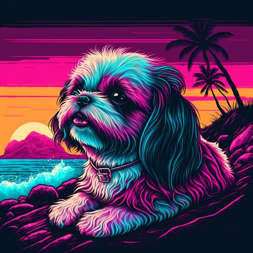 synthwave style cartoon shih tzu chilling on the beach --q 2 --v 4
