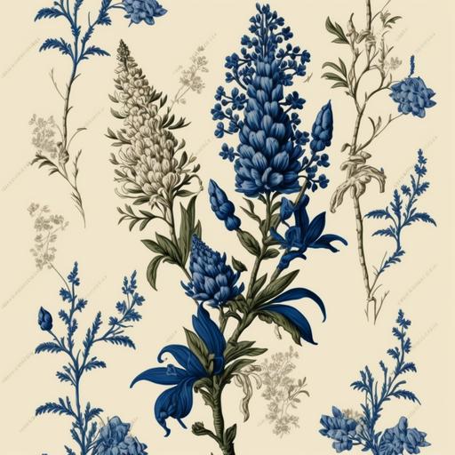 18th century floral french wallpaper repeating pattern using bluebonnet flowers