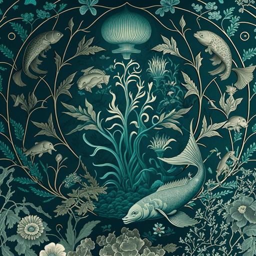 18th century french wallpaper pattern using underwater animals and plants