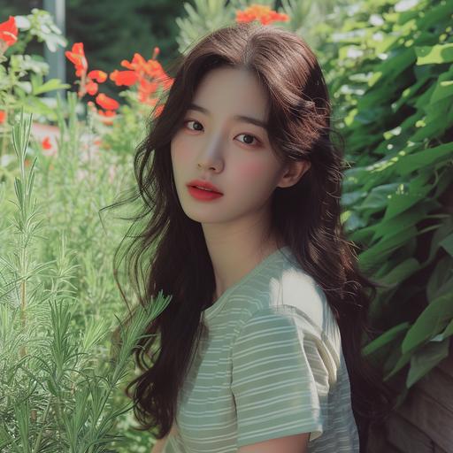 A Korean female idol wearing a light green striped shirt is taking a photo shoot in the garden with a slight smile. --style raw --v 6.0