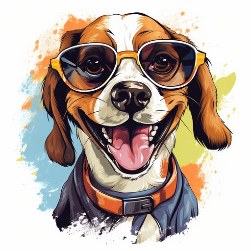 t-shirt design, cartoon of adult beagle dog, wearing glasses, happy, smile, white background