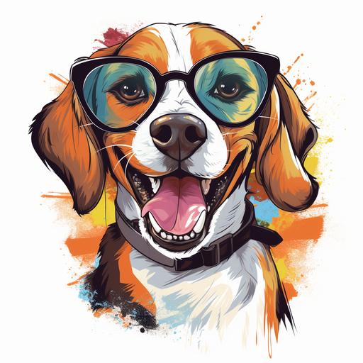 t-shirt design, cartoon of adult beagle dog, wearing glasses, happy, smile, white background