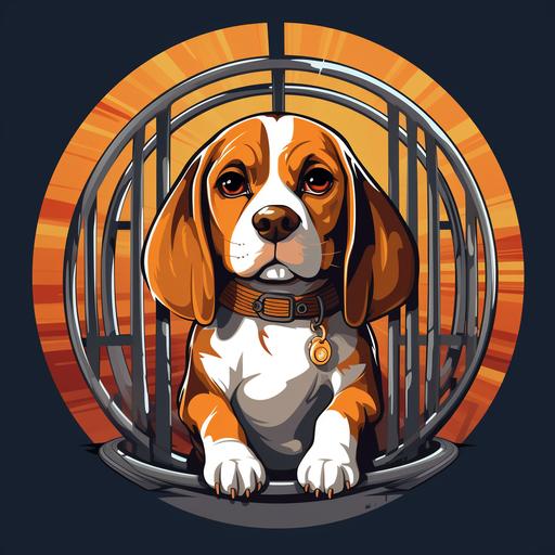 t-shirt design, cartoon of adult beagle sad, prisoner backdrop, circular scene