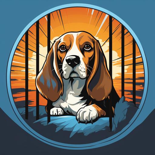 t-shirt design, cartoon of adult beagle sad, prisoner backdrop, circular scene