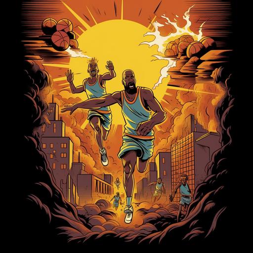 t-shirt design with transparent background: vintage cartoon style basketball players running down the court as it’s catching fire. Model player’s looks after real nba players