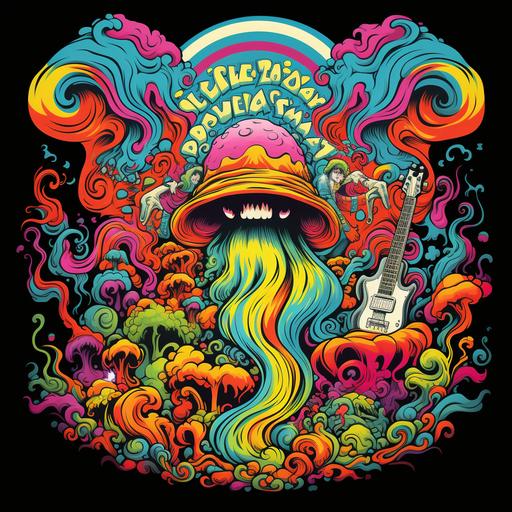 t shirt image in trippy psychedelic dreamland font warped, similar to old concert posters from the late 1960's