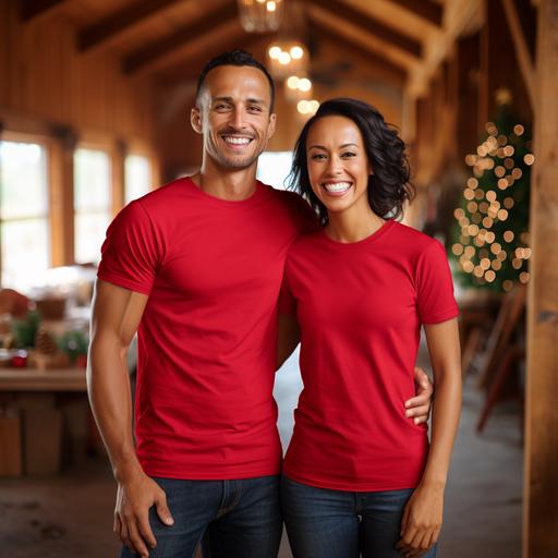 t-shirt mockup photo of a couple wearing plain bella canvas 3001 red t-shirts no logos, front and back, standing in a brightly lit farmhouse livingroom decorated for christmas, quality images 85mm Nikon D850 DSLR 8k, image size 2000:2000
