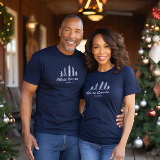 t-shirt mockup photo of an middle aged beautiful black couple wearing plain bella canvas 3001 navy blue t-shirts no logos, front and back, standing in a brightly lit farmhouse front porch decorated for christmas, quality images 85mm Nikon D850 DSLR 8k, image size 2000:2000