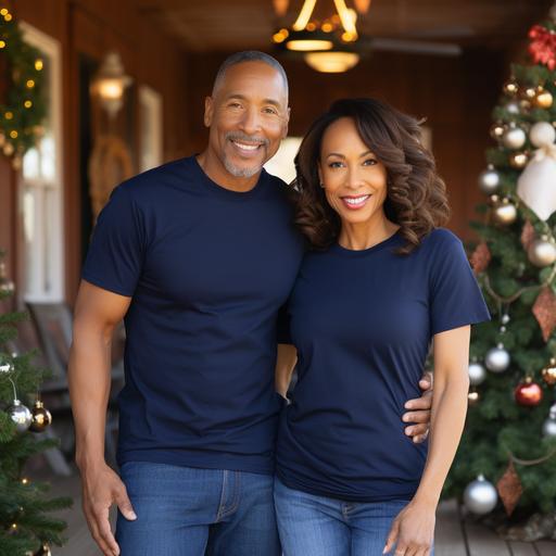 t-shirt mockup photo of an middle aged beautiful black couple wearing plain bella canvas 3001 navy blue t-shirts no logos, front and back, standing in a brightly lit farmhouse front porch decorated for christmas, quality images 85mm Nikon D850 DSLR 8k, image size 2000:2000