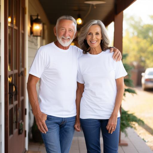 t-shirt mockup photo of an older couple wearing plain bella canvas 3001 white t-shirts, front and back, standing in a brightly lit farmhouse front porch decorated for christmas, quality images 85mm Nikon D850 DSLR 8k, image size 2000:2000