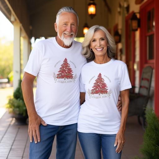 t-shirt mockup photo of an older couple wearing plain bella canvas 3001 white t-shirts, front and back, standing in a brightly lit farmhouse front porch decorated for christmas, quality images 85mm Nikon D850 DSLR 8k, image size 2000:2000