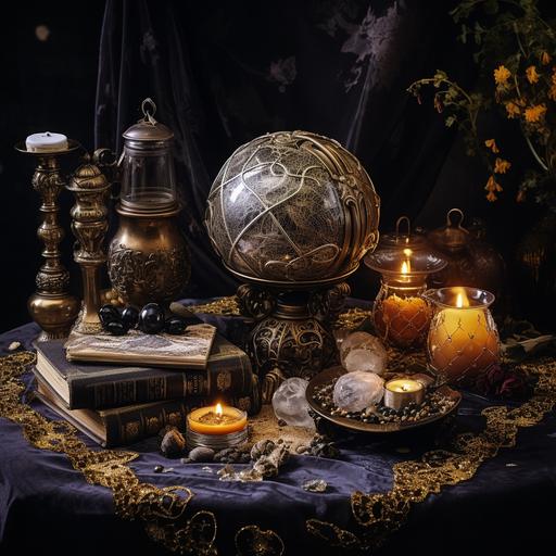 table in a dark room with incense smoke coming from a cauldron, a fortune tellers crystal ball and a burning candle image #1