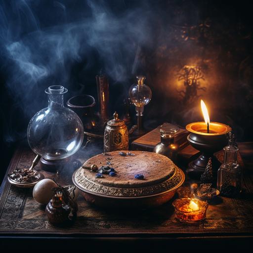 table in a dark room with incense smoke coming from a cauldron, a fortune tellers crystal ball and a burning candle