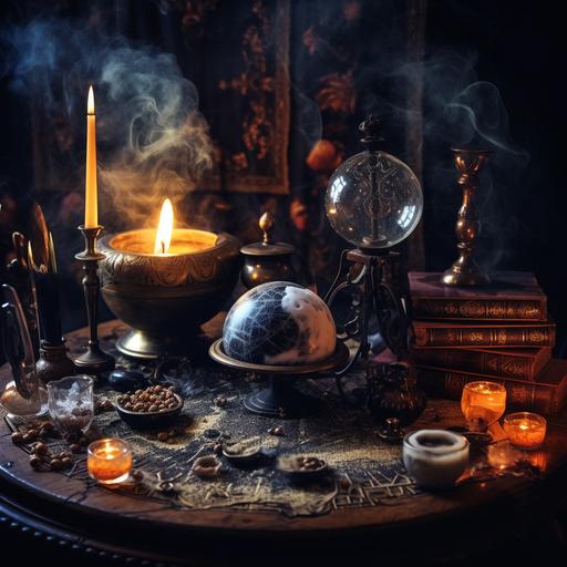 table in a dark room with incense smoke coming from a cauldron, a fortune tellers crystal ball and a burning candle