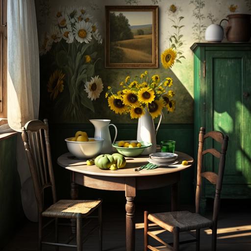 table in a farmhouse in the afternoon sun, with green and yellow flower wallpaper, a pot of sunflowers on the table and a green rimmed plate