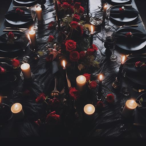 tablescape with black tablecloth, black sheer runner, single roses in bud vases, and tea light candles going down the middle of the table, Instagram, 1:1, award winning editorial, v 6.0