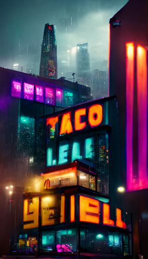 taco bell megacoperation, tall building, neon lights, ney york style buildings,realistic, hyper detail, 8k, vibrant, 8k, high detail, photorealistic, raining --ar 9:16