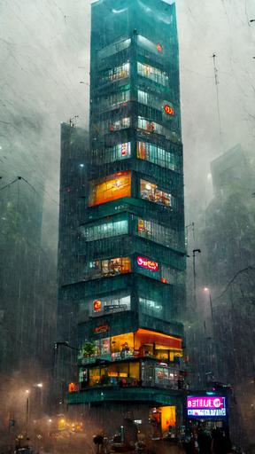 taco bell megacoperation, tall building, ney york style buildings, realistic, hyper detail, 8k, vibrant, 8k, high detail, photorealistic, raining, gloomy --ar 9:16