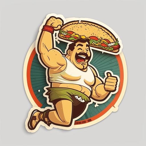 taco, torilla, burrito, margarita:: sticker funny cartoon style suing sports, one sticker per item