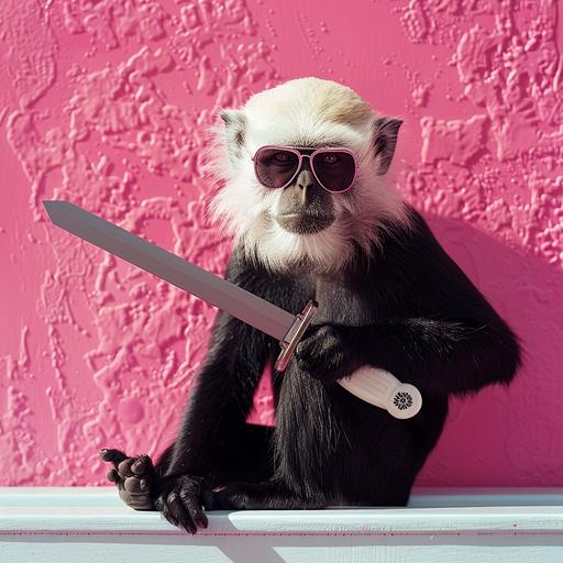 tail is a blade, *photo surrealism, a vibrant pink background, a space Pirate monkey sits on a white bench while holding his tail and sharpens the tip of his tail into a formidable weapon, whimsical evil expression at the camera as he sharpens his tail - Image #1  --v 6.0 --s 250