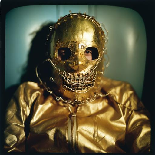 taken with a Holga camera, f/2.8, 30mm, dark and sorrowful, unnerving image, severe facial deformity, amputee, Pop Art style, Kodachrome film, medical masks, gold leather, zippers, glycerin, straightjacket