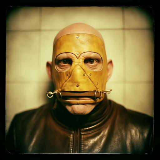 taken with a Holga camera, f/2.8, 30mm, dark and sorrowful, unnerving image, severe facial deformity, amputee, Robert Maplethorpe style, Kodachrome film, medical masks, gold leather, zippers, glycerin, straightjacket