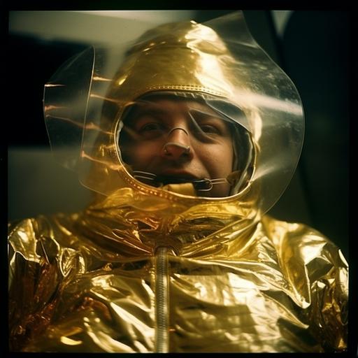 taken with a Holga camera, f/2.8, 30mm, dark and sorrowful, unnerving image, severe facial deformity, amputee, Pop Art style, Kodachrome film, medical masks, gold leather, zippers, glycerin, straightjacket