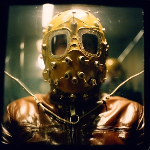 taken with a Holga camera, f/2.8, 30mm, dark and sorrowful, unnerving image, severe facial deformity, amputee, Pop Art style, Kodachrome film, medical masks, gold leather, zippers, glycerin, straightjacket