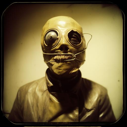 taken with a Holga camera, f/2.8, 30mm, dark and sorrowful, unnerving image, severe facial deformity, amputee, Pop Art style, Kodachrome film, medical masks, gold leather, zippers, glycerin, straightjacket