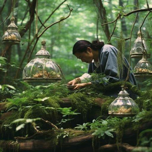taking a forest baths, or “shinrin-yoku,” the Japanese medicinal practice that involves walking in the woods, fully breathing the scent of trees and listening to birds chirping, photorealistic