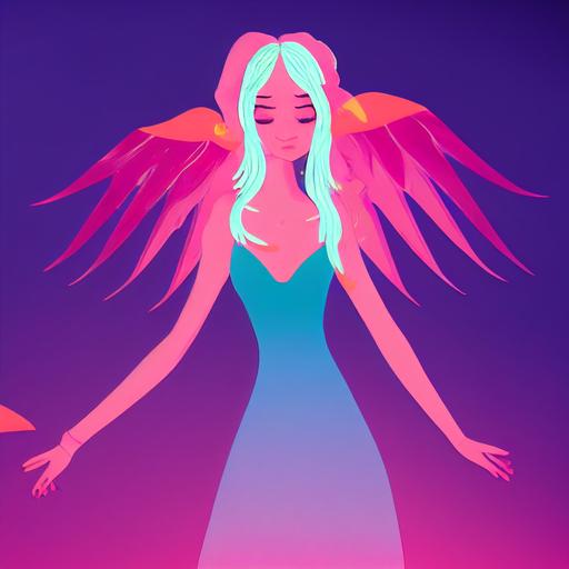 pink tale Colored angel with long light blue hair is eating a slice of salami pizza, vivid colors, gradient background, daylight, unreal engine 5 —h 1164 —w 1164 —beta --upbeta