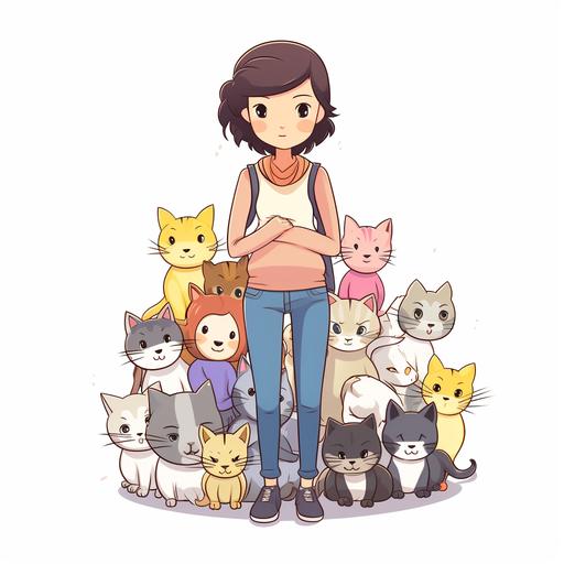 tall and skinny japanese cartoon lady character, comics style, she has straight short hair with bangs, wearing light colour pants, beige sweater and a colourful vest, looks happy, has 15 different cats, full body image, 2d, vector, t-shirt graphic design