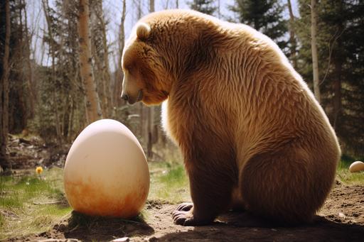 tall bear, huge chicken egg, outdoor, photo --ar 3:2 --v 5.2
