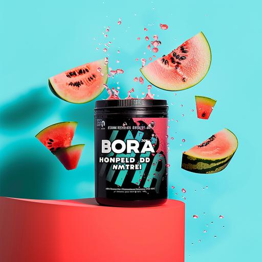 tall black plain BCAA supplement tub 292g floating, tilted up slightly, chunks of honeydew melon and watermelon in the air scattered around, all hovering in abstract vibrant space, watermelon and honeydew colour theme, red, turquoise, liquid, thirsty, sunshine, tropical vibes, bright contrasting light, stunning hues, wet, beads of condensation on tub, motion, wet, dynamic, freeze motion, dynamic product shot lighting, dramatic, product imagery, 50mm lens, dof background, immaculate, hyper-realistic, canon 1dx camera, ar 9:16