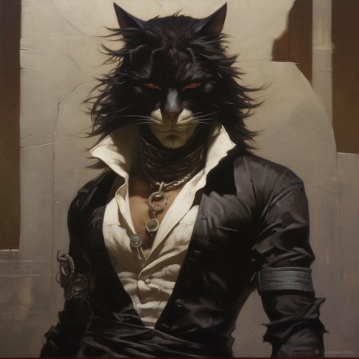 tall, broad-shouldered one-eyed man-cat, superbly muscled, long whiskers, mane of black hair, broken nose, eye patch, artwork by Gerald Brom --q 2