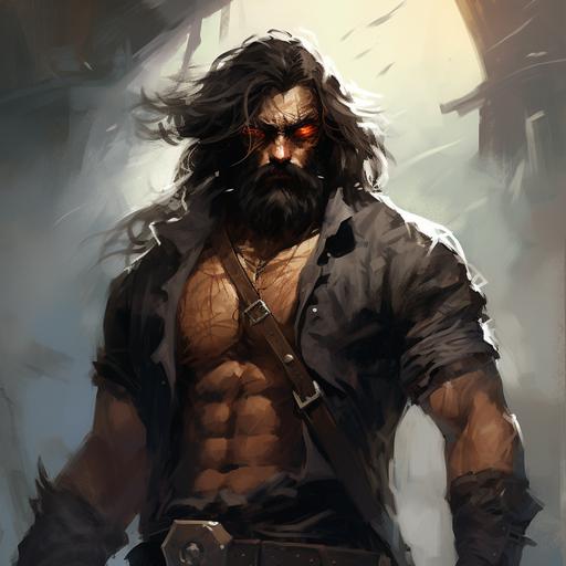 tall, broad-shouldered one-eyed man who looks like a cat, superbly muscled, long whiskers, mane of black hair, broken nose, eye patch, artwork by Anato Finnstark --q 2